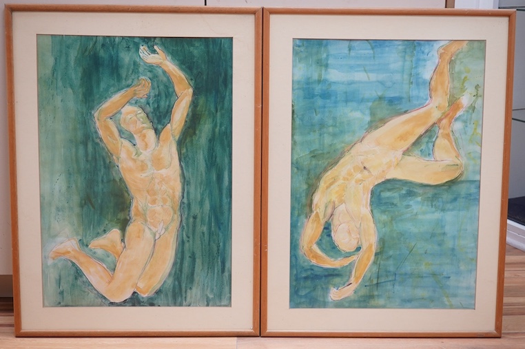 Modern British, pair of ink and watercolours, Nude studies, 41 x 57cm, unsigned. Condition - good